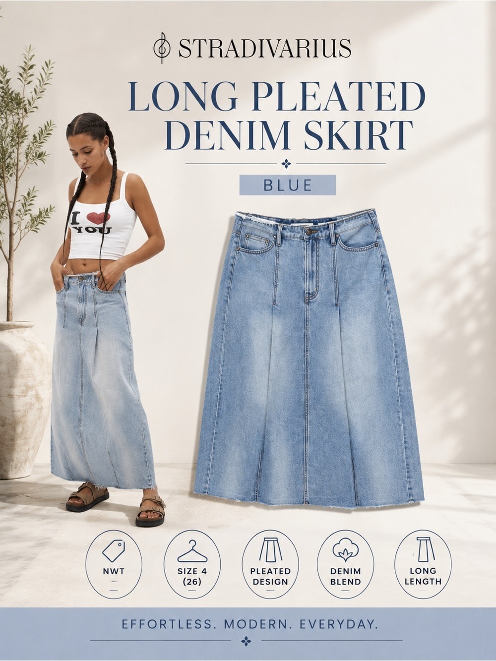 Stradivarius Blue Long Pleated Denim Skirt Size 4 NWT Maxi Jean Skirt Inditex